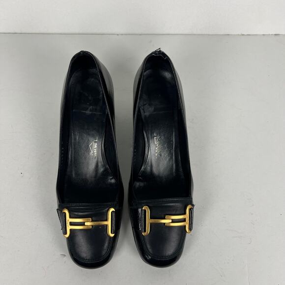 Ferragamo Leather Pumps Black Square Toe Heels Gold-Tone Horsebit Loafers 6.5 - Picture 5 of 10